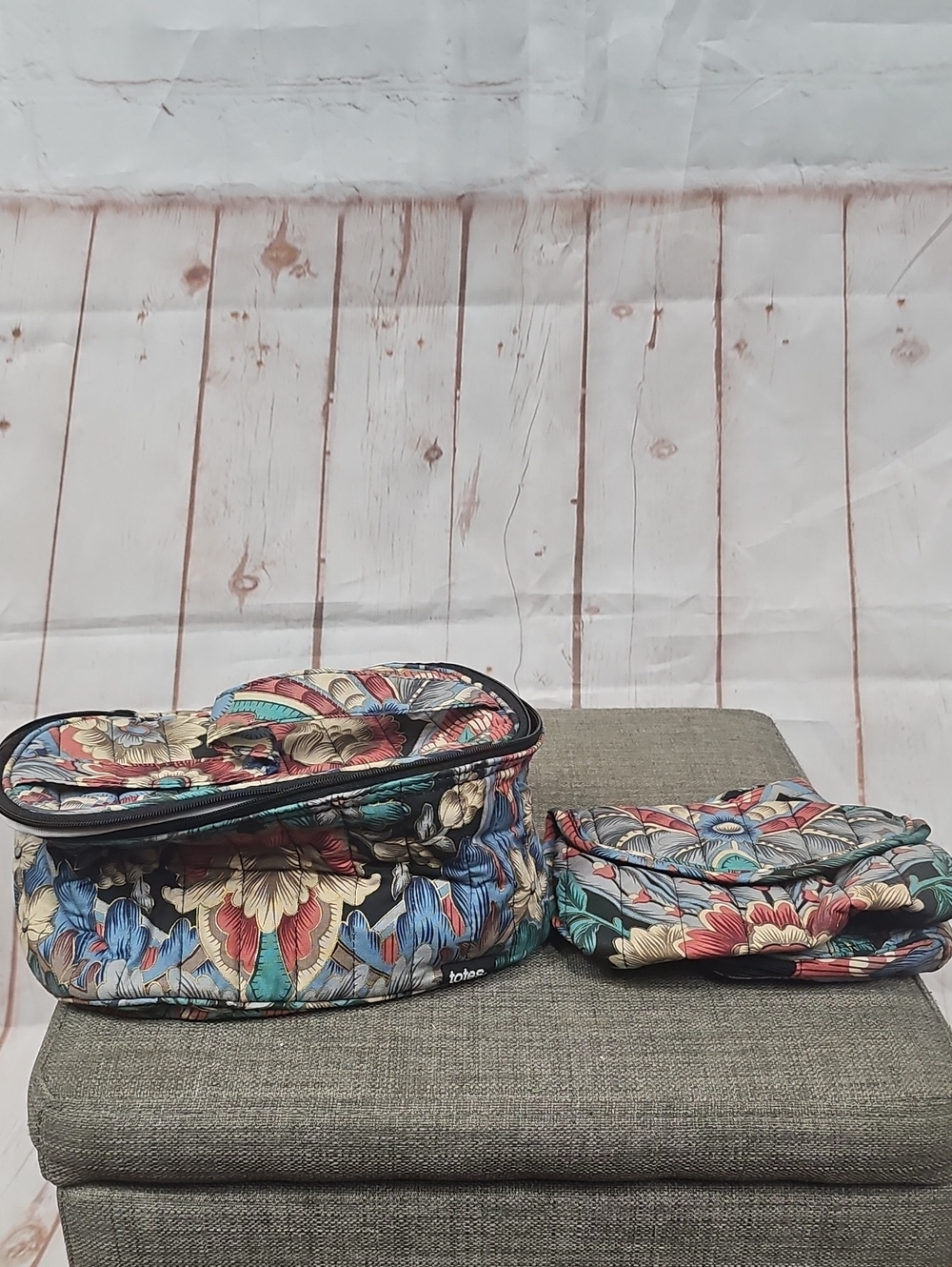 totes Floral Quilted Cosmetic Bag Set - Blue, Red, Cream